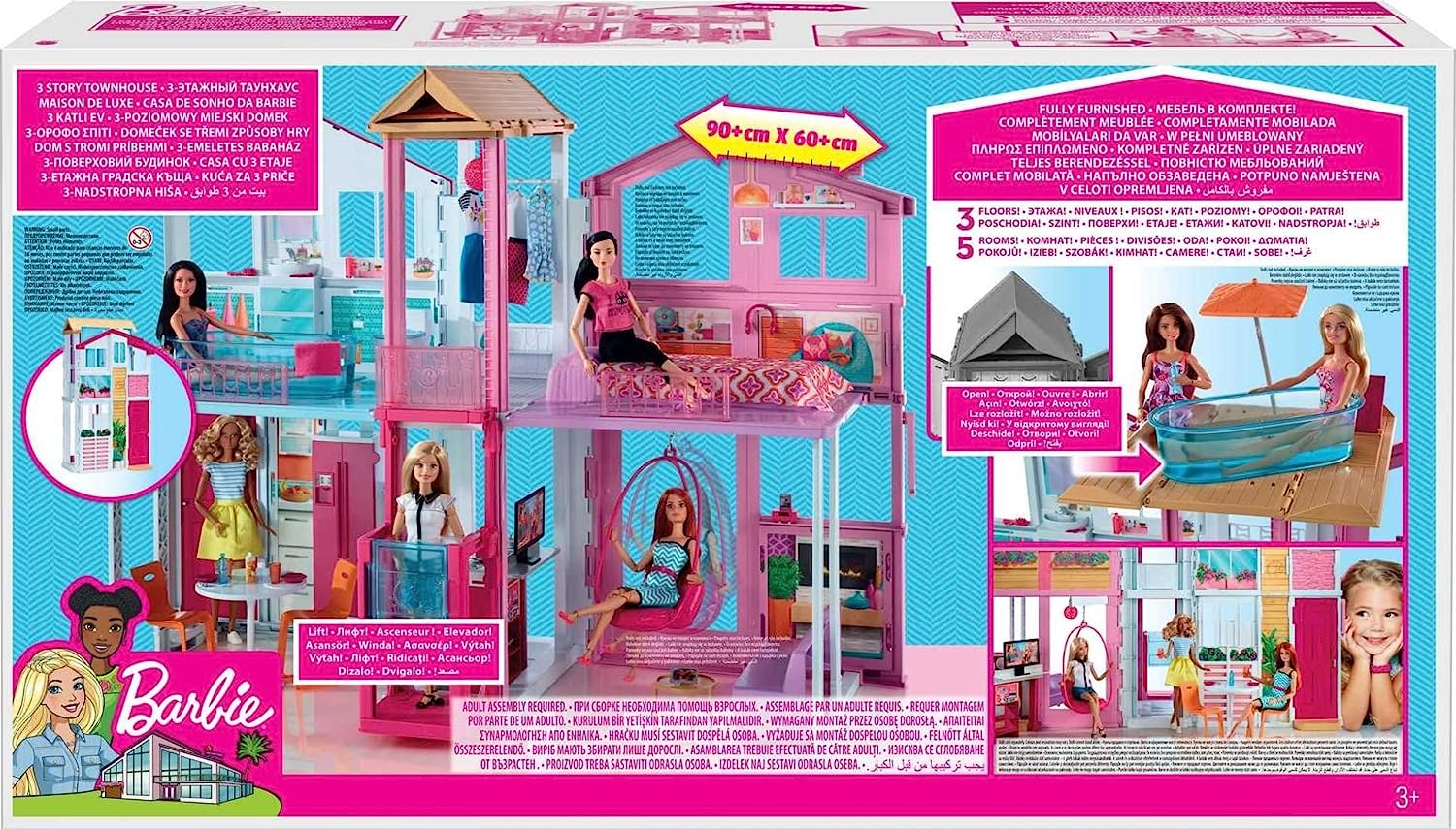 Дом для куклы Barbie Doll House, 3-Story Townhouse with 4 Rooms & Rooftop  Lounge (DLY32) — купить с доставкой из США и Европы | Brandly