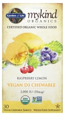 Витамины Garden of Life MyKind Organics, Vegan D3, Raspberry-Lemon, 50 мкг (2000 МЕ), 30 веганских жевательных таблеток (GOL-11861)