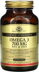 БАД Solgar Omega-3, EPA & DHA, Double Strength, 700 мг, 60 мягких капсул (SOL-02051)