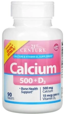 Витамины 21st Century Calcium 500 + D3, 15 мкг (600 МЕ), 90 таблеток  (CEN-27519)