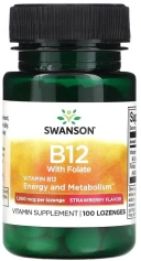 Витамины Swanson Vitamin B12 with Folate, Strawberry, 1000 мкг, 100 пастилок (SWV-01746)