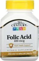 Витамины 21st Century Folic Acid, 400 мкг, 250 легко проглатываемых таблеток  (CEN-21377)
