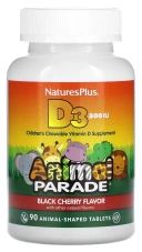 Витамины Natures Plus Animal Parade, Vitamin D3, Black Cherry, 500 МЕ, 90 таблеток в форме животных (NAP-29950)