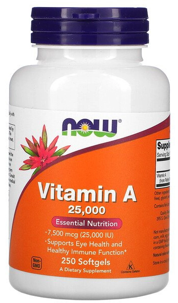 Витамины NOW Foods Витамин А, 25 000 МЕ, 250 мягких капсул (NOW-00342)