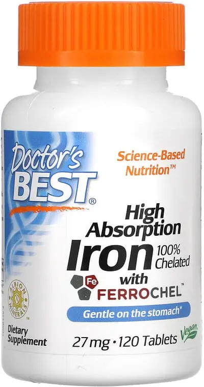 БАД Doctors Best High Absorption Iron with Ferrochel, 27 мг, 120 таблеток  (DRB-00459)