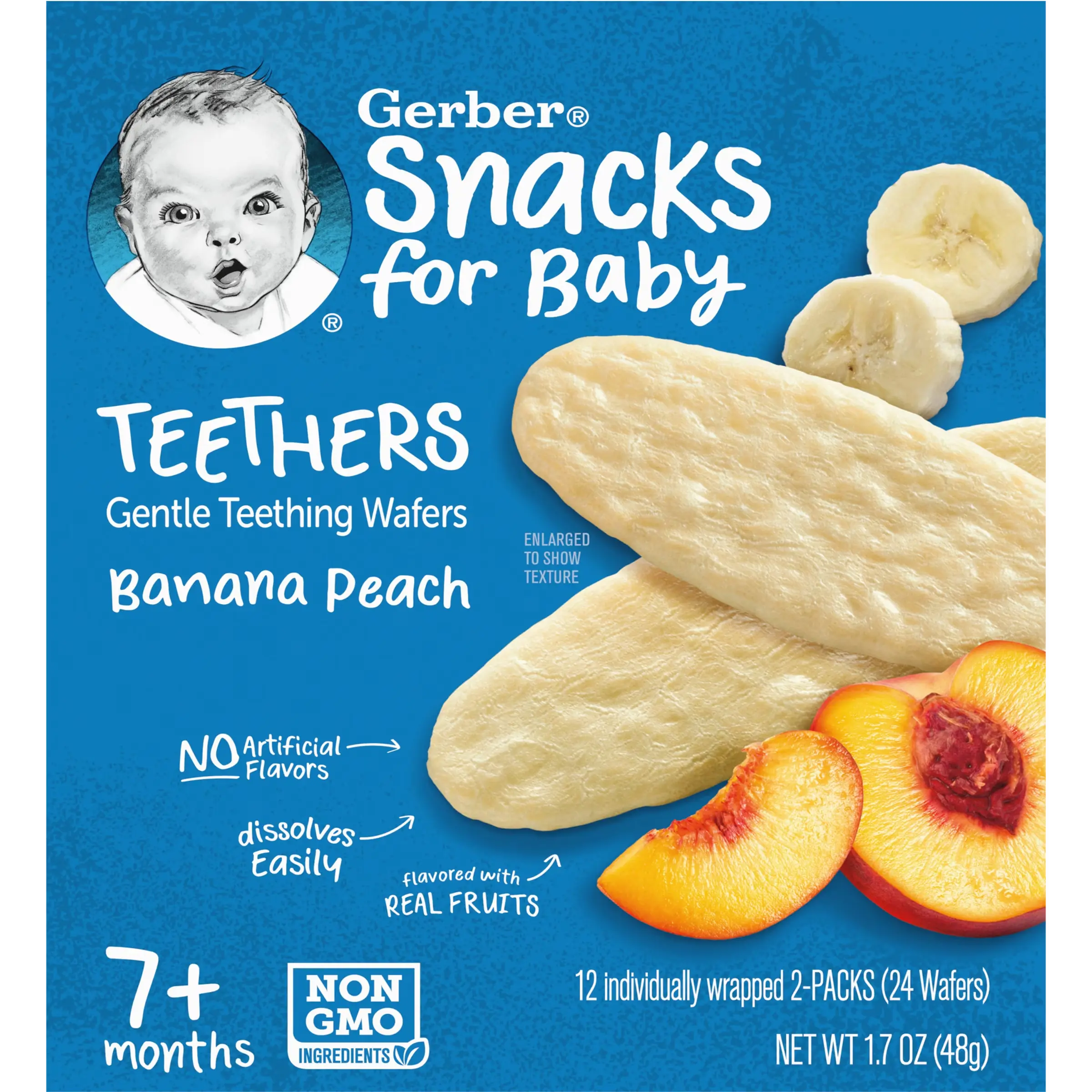 Снэки Gerber Teethers, Gentle Teething Wafers, 7+ Months, Banana, Peach, 48 г (GBR-04962)