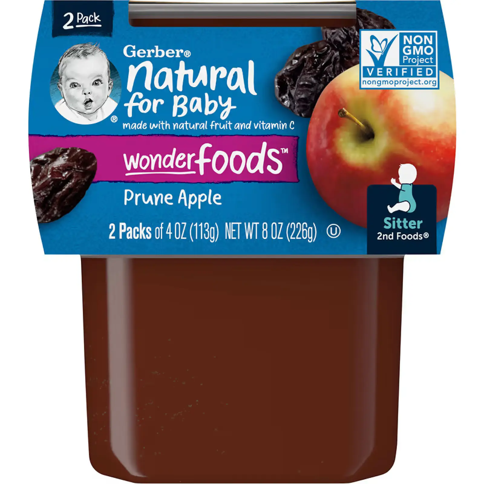 Пюре Gerber Natural for Baby, Wonder Foods, 2st Foods, Prune Apple, 2 банки по 113 г (GBR-07677)