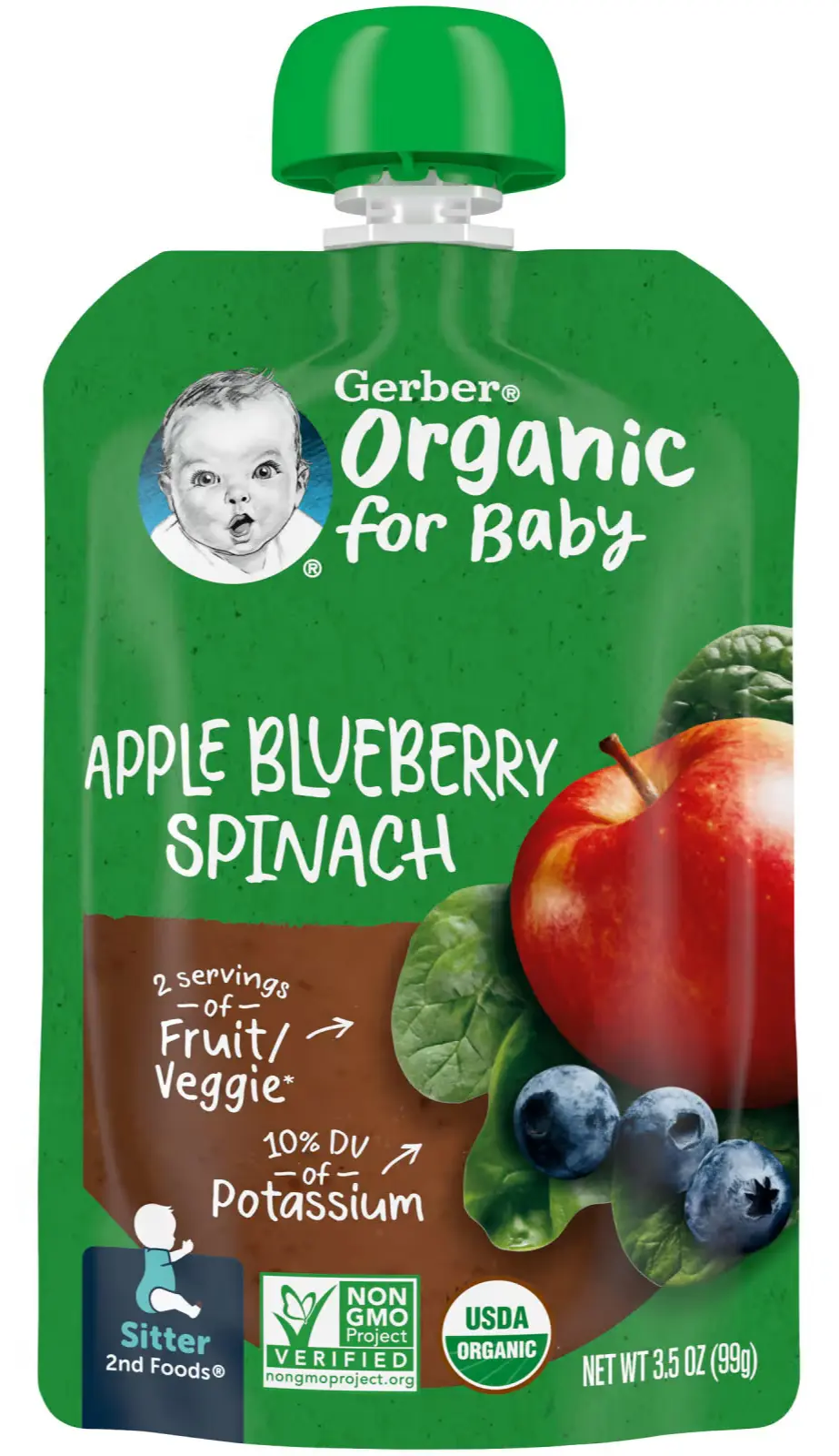 Пюре Gerber Organic for Baby, 2nd Foods, Apple, Blueberry, Spinach, 99 г (GBR-07437)