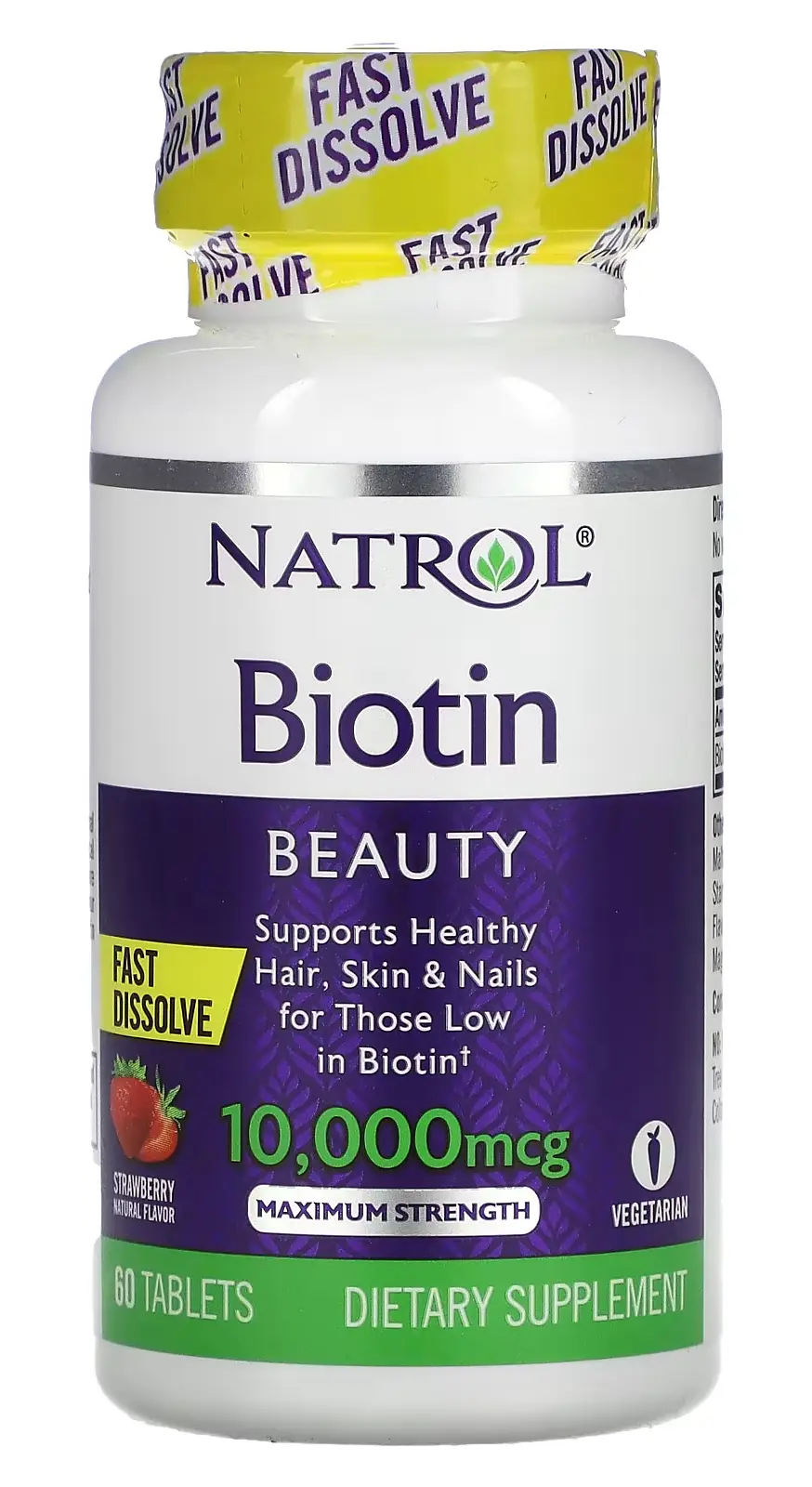Витамины Natrol Biotin, Fast Dissolve, Maximum Strength, 10 000 мкг Strawberry, 60 таблеток (NTL-06885)