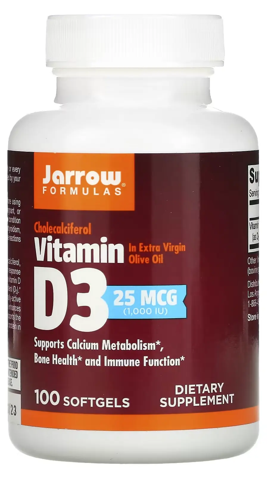 Витамины Jarrow Formulas Vitamin D3, Cholecalciferol, 25 мкг, 1000 МЕ, 100 капсул (JRW-30003)