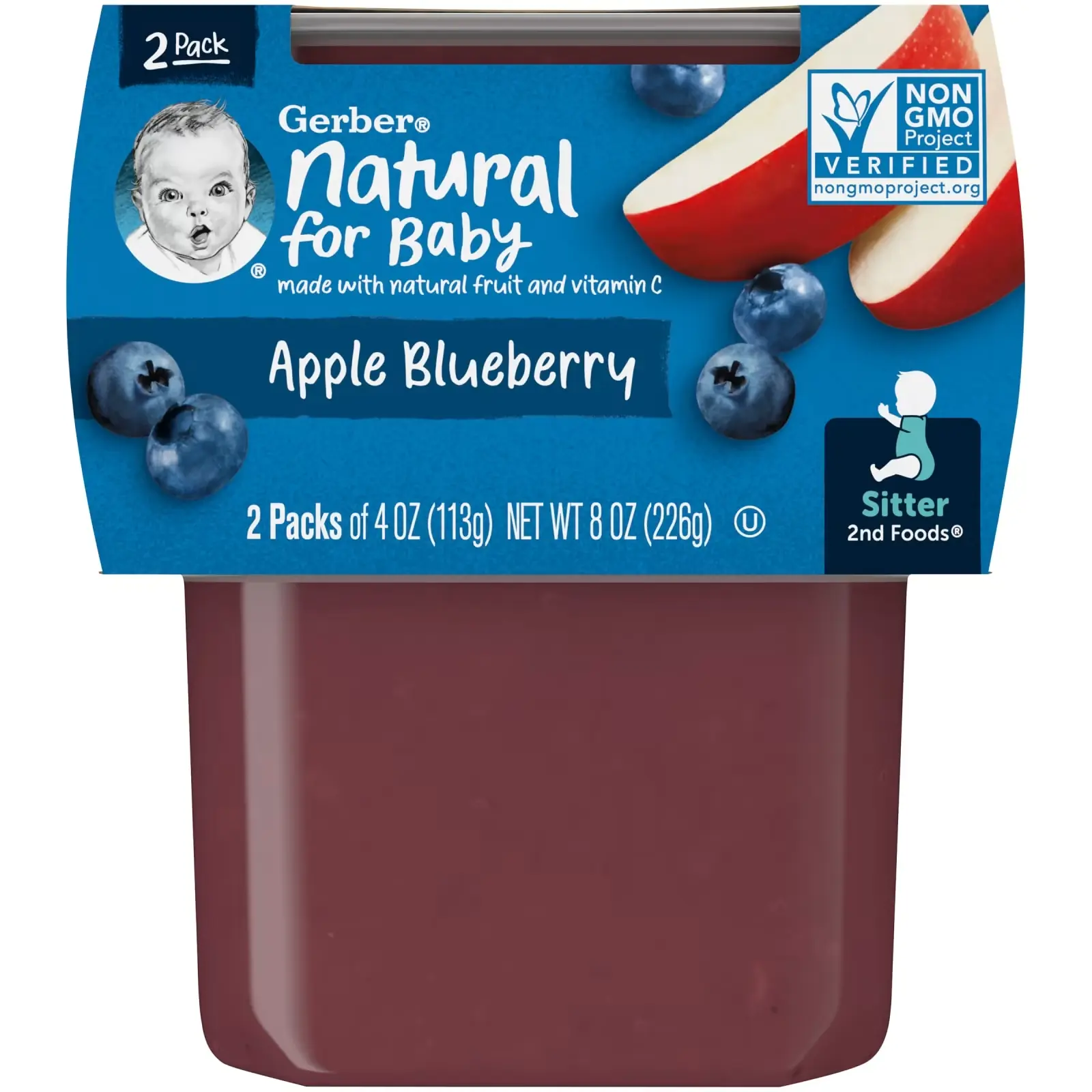 Пюре Gerber Natural for Baby, 2st Foods, Apple, Blueberry, 2 банки по 113 г (GBR-07608)