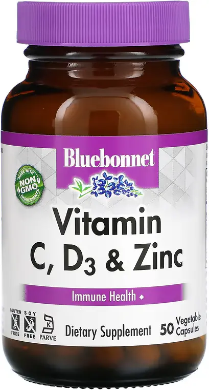 Витамины Bluebonnet Nutrition Vitamin C, D3 & Zinc, 50 растительных капсул  (BLB-00555)