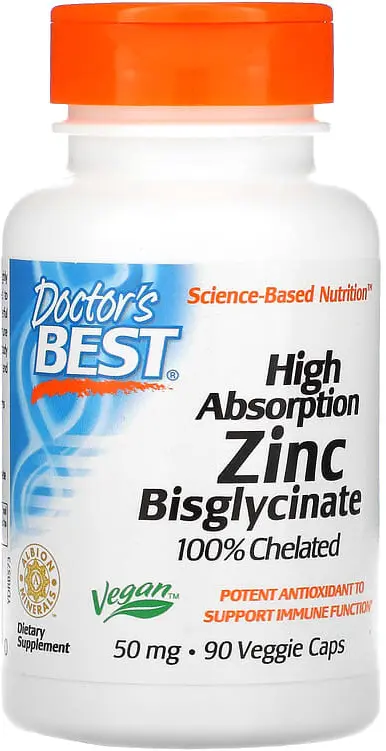 БАД Doctors Best High Absorption Zinc Bisglycinate, 100% Chelated, 50 мг, 90 капсул  (DRB-00573)