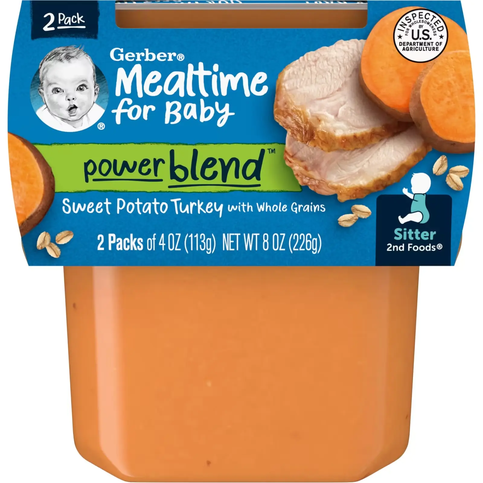 Пюре Gerber Mealtime for Baby, Power Blend, 2nd Foods, Sweet Potato, Turkey with Whole Grains, 2 банки по 113 г (GBR-07360)