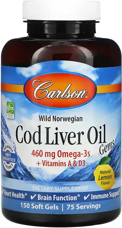 БАД Carlson Wild Norwegian, Cod Liver Oil Gems, Natural Lemon, 460 мг, 150 капсул  (CAR-01381)