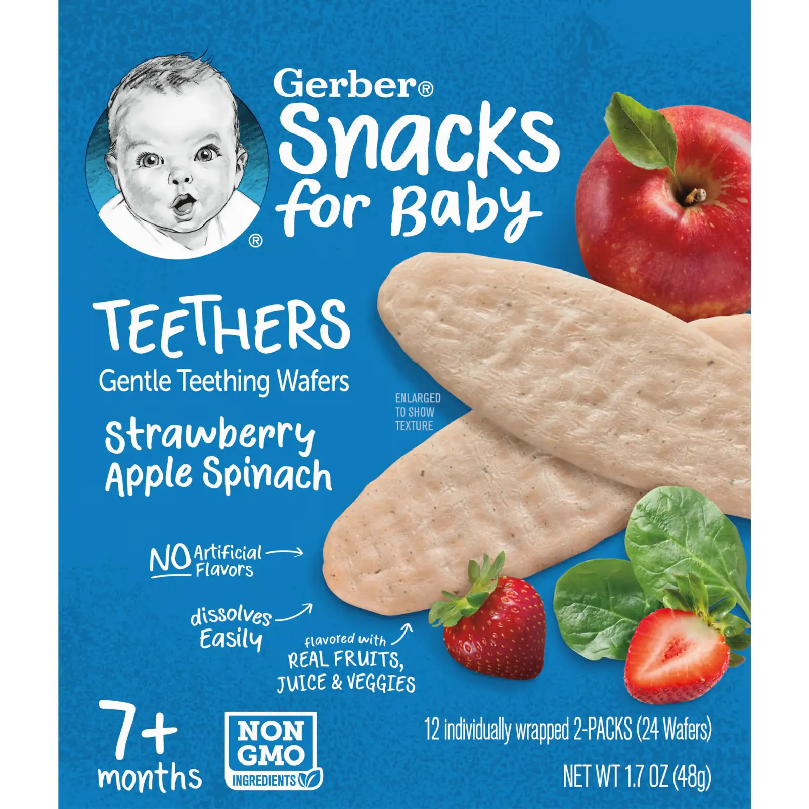 Снэки Gerber Teethers, Gentle Teething Wafers, 7+ Months, Strawberry, Apple, Spinach, 48 г (GBR-04964)