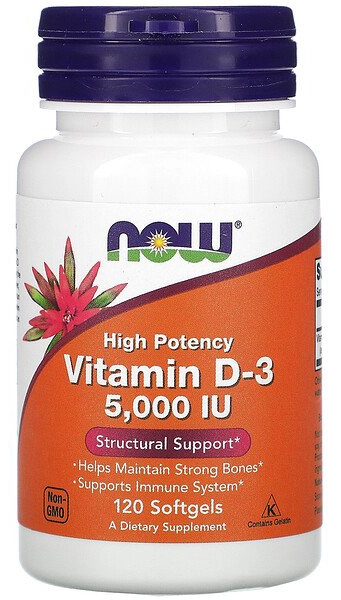 Витамины NOW Foods Vitamin D-3, High Potency, 125 мкг (5000 IU), 120 мягких капсул  (NOW-00372)