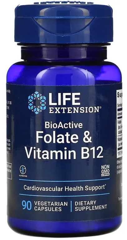 Витамины Life Extension BioActive, Folate & Vitamin B12, 90 вегетарианских капсул  (LEX-18429)