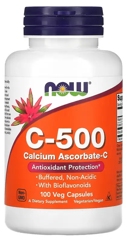 Витамины NOW Foods C-500, Calcium Ascorbate-C,  100 растительных капсул (NOW-00676)