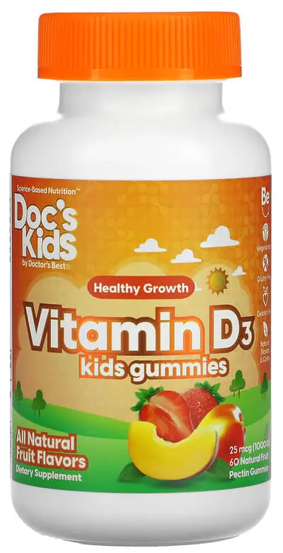 Витамины Doctors Best Doc's Kids, Vitamin D3 Gummies, 25 мкг (1000 IU), All Natural Fruit, 60 жевательных мармеладок (DRB-00546)
