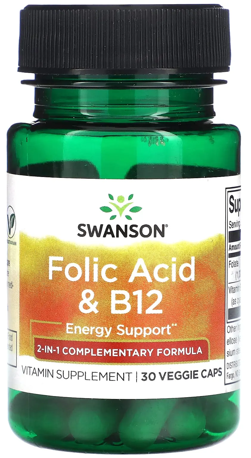 Витамины Swanson Folic Acid & B12, 30 вегетарианских капсул (SWV-02670)