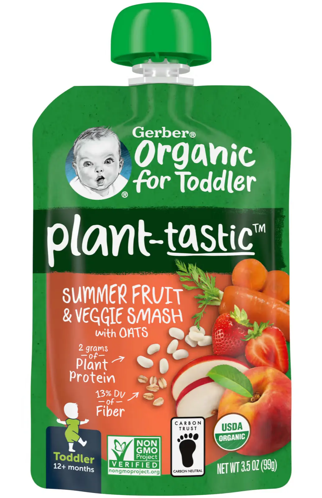 Пюре Gerber Organic for Toddler, Plant-Tastic, 12+ Months, Summer Fruit & Veggie Smash with Oats, 99 г (GBR-04417)