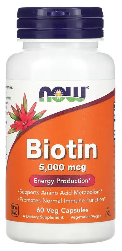 Витамины NOW Foods Биотин, 5000 мкг, 60 растительных капсул (NOW-00471)