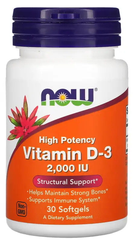 Витамины NOW Foods Vitamin D-3, High Potency, 50 мкг (2000 IU), 30 мягких капсул (NOW-00355)