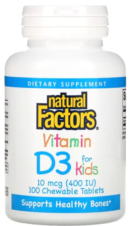 Витамины Natural Factors Vitamin D3 for Kids, клубника, 10 мкг, 100 жевательных конфет  (NFS-01059)