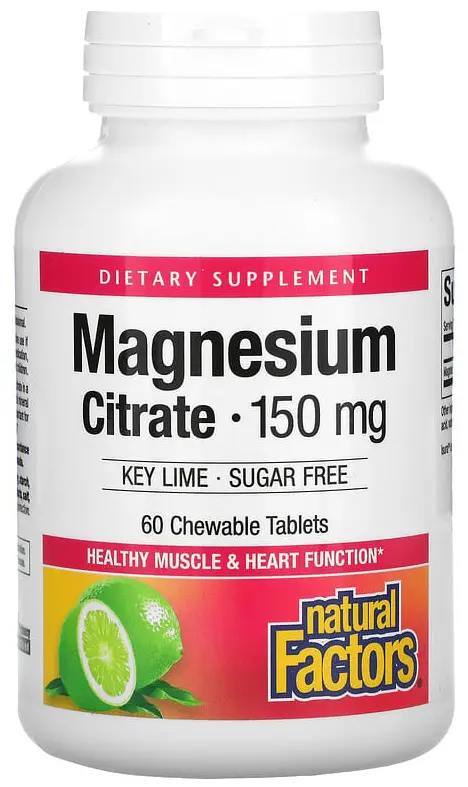 Минералы Natural Factors Magnesium Citrate, Key Lime, 150 мг, 60 жевательных таблеток (NFS-01650)
