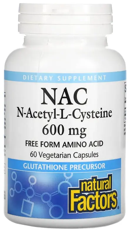 Аминокислота Natural Factors NAC, N-Acetyl-L-Cysteine, 600 мг, 60 вегетарианских капсул (NFS-02818)