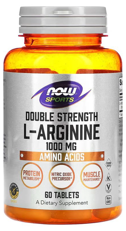 БАД NOW Foods Sports, L-аргинин двойной силы, 1000 мг, 60 таблеток  (NOW-00025)