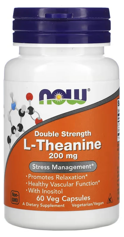Аминокислота NOW Foods L-теанин, Double Strength, 200 мг, 60 вегетарианских капсул (NOW-00147)