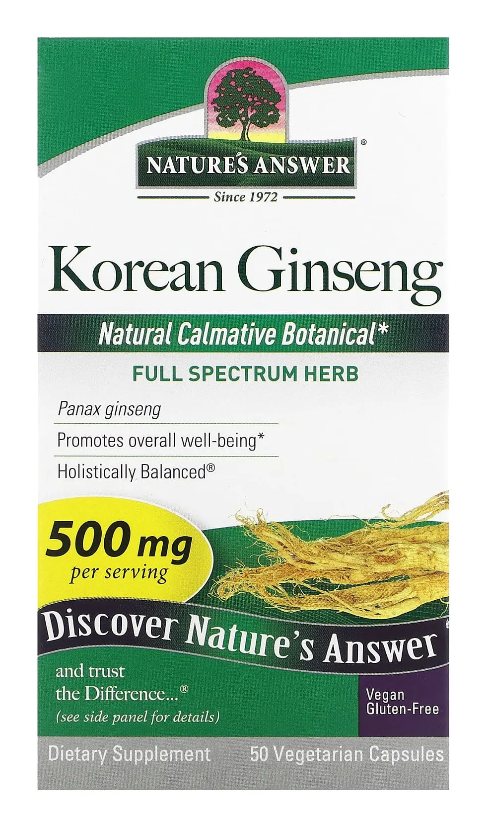 БАД Nature's Answer Korean Ginseng, 500 мг, 50 вегетарианских капсул (NTA-16234)