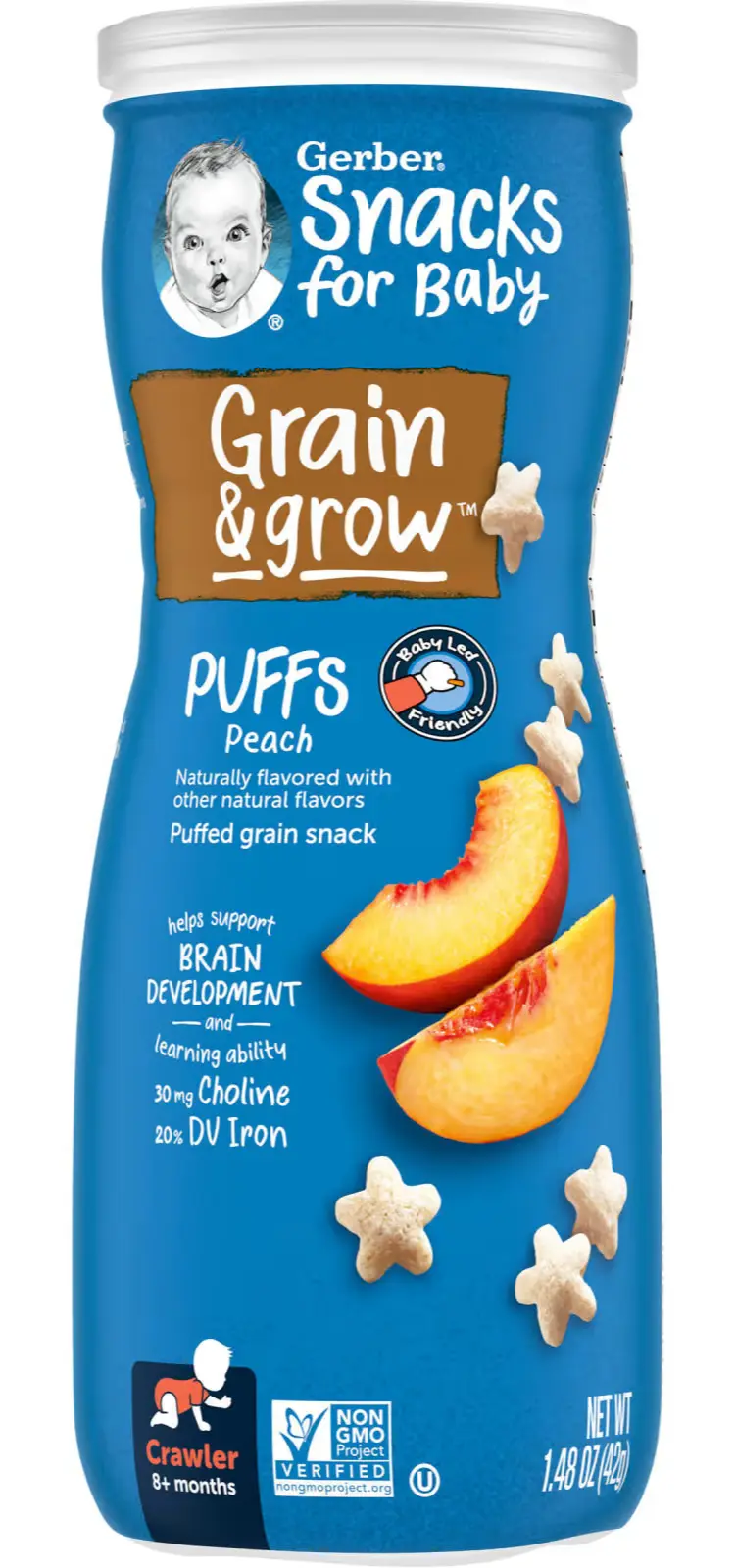 Снэки Gerber Grain & Grow, Puffs, Puffed Grain Snack, 8+ Months, Peach, 42 г (GBR-04525)
