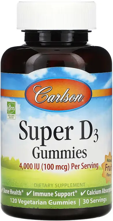 Витамины Carlson Super D3 Gummies, Natural Fruit, 25 мкг (1000 МЕ), 120 мармеладок  (CAR-49800)